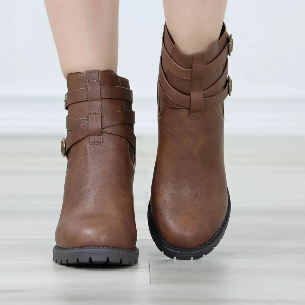 Brown Women's Buckle Strap Ankle Boots - Picture 8 of 13
